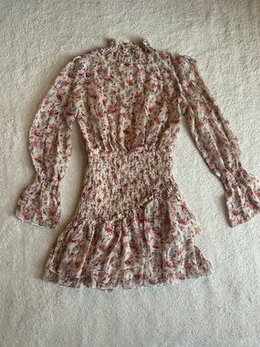 Floral Smocked Waist Long-Sleeve Mini Dress - Cream/Pink